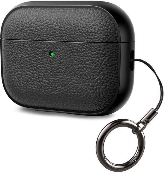 Namajunas - Case geschikt voor Apple AirPods Pro 3 hoesje - Zachte TPU draadloos oordopjes Hoes met Bevestigingslus - Lederlook Met Houtstructuur - Beschermhoes - Zwart