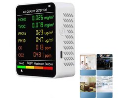 Luchtkwaliteitsmonitor - 6 functies - Detecteert PM2.5, PM10, HCHO, TVOC, CO, CO2 - Geschikt voor het monitoren van de binnenlucht, het testen van kantoorruimtes, het inspecteren van de lucht in auto's en het monitoren van de buitenomgeving - Wit
