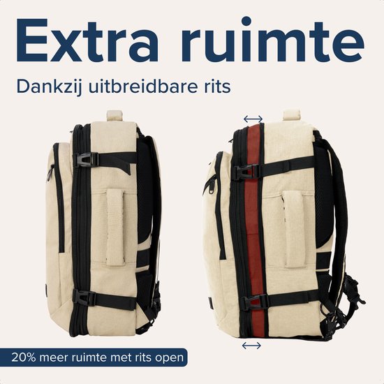 Beige rugzak, links de normale maat, rechts de uitgebreide maat met rode accentstrook, 'Extra ruimte' tekst.