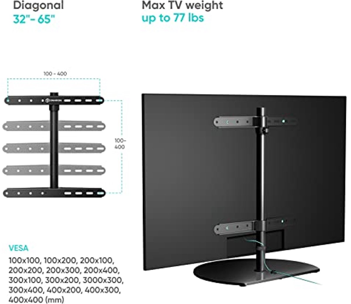 Swivel TV Stand for 32-65 Inch Screens - Height Adjustable TV Base with Glass Holder