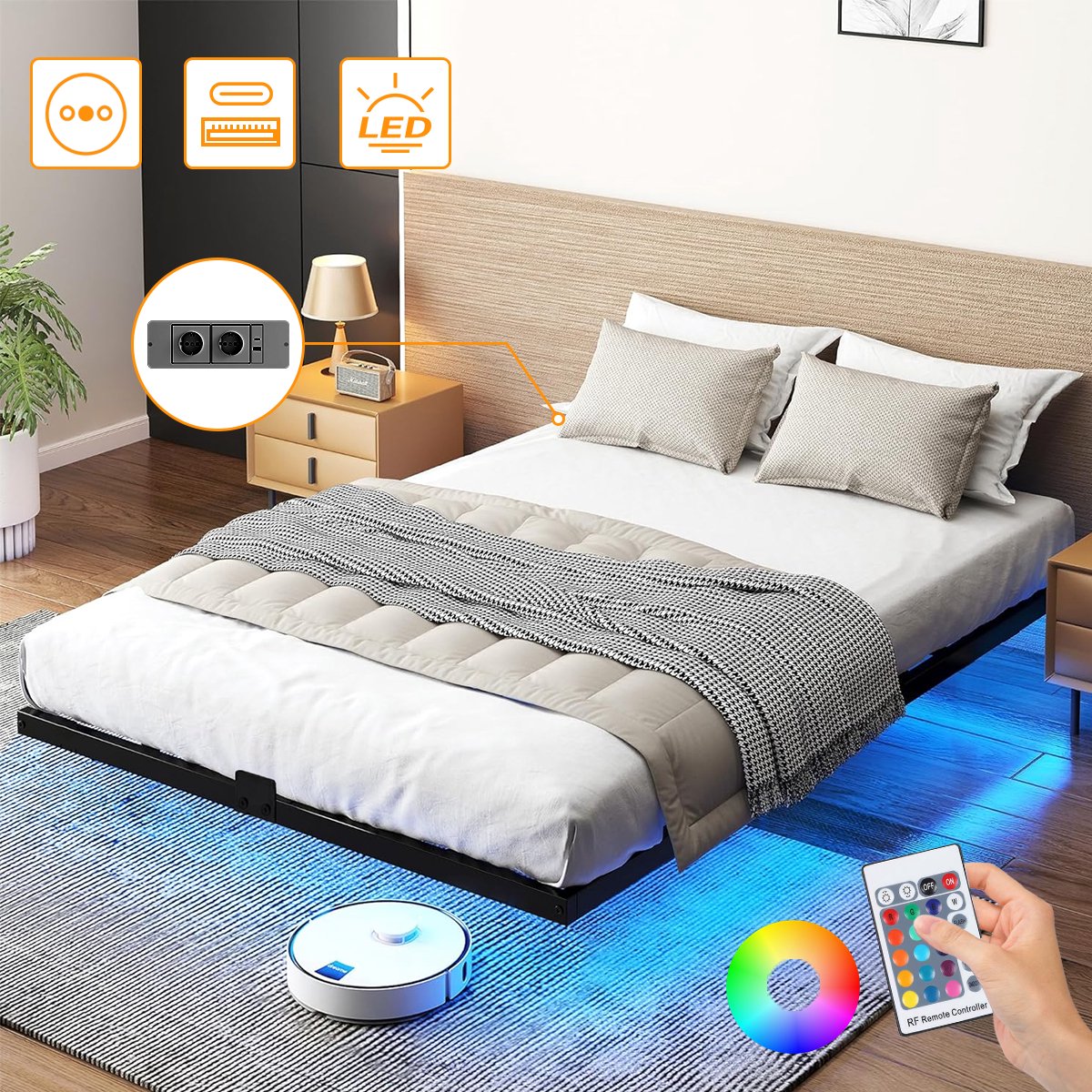 Metalen Bed 140x190 cm - Minimalistisch Bedframe - IJzeren Bed - Met LED Verlichting - Stopcontacten - USB Poorten - Stevig - Stil - Anti Slip - Grote Opbergruimte - Duurzaam - Roestvrij - Ideaal voor Kleine Woningen Kinderkamers en Logeerkamers
