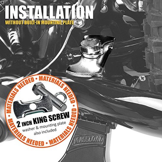 Zwarte fietsstandaard, montage zonder plaat, met tekst "INSTALLATION" en "2 INCH KING SCREW".