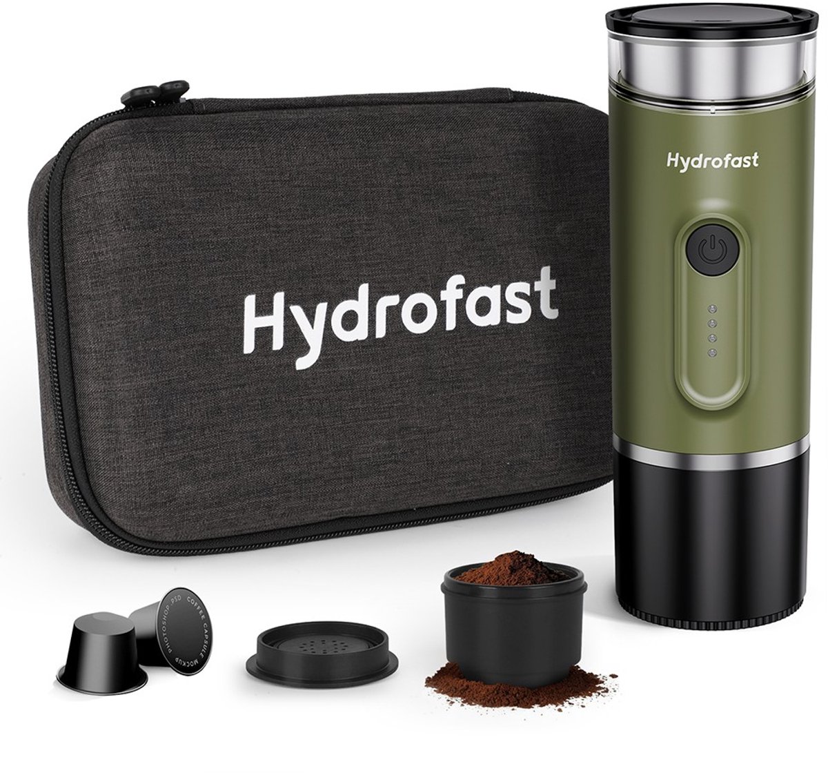 Hydrofast PO-100 draagbare espressomachine, 20 bar druk, 9600 mAh batterij, 2-in-1 capsule & gemalen koffie, draadloze verwarming, compact reisontwerp