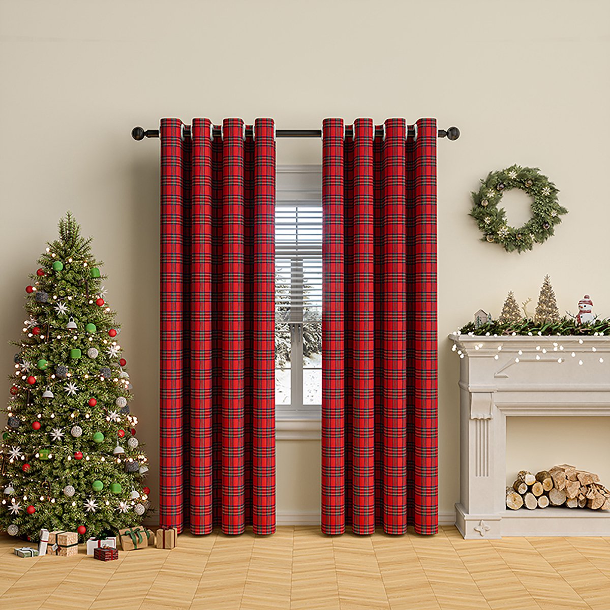 Qelus Rood Kerst Gordijn met Ruitjes 132x213 cm - Kant en Klaar met Ringen - Verduisterend Vintage Gordijn voor Woonkamer en Slaapkamer - Ke