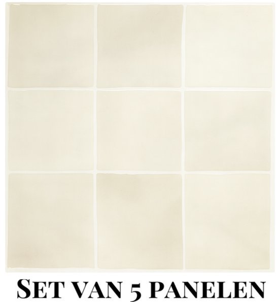Set van 5 off-white, vierkante tegels met witte naden.