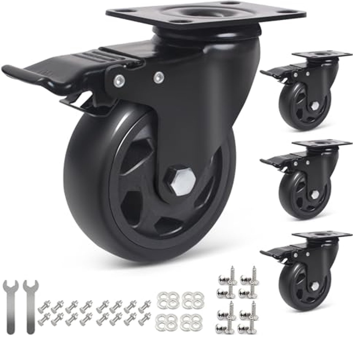 Zwenkwielen 100 mm met Rem - 4 Stuks, Zware Draaibare Transportwielen voor Meubels en Apparatuur, Draagvermogen 650 kg