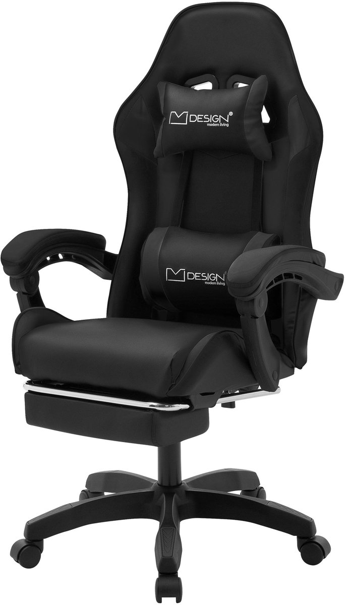 Gaming stoel met voetsteun en armleuning zwart, gemaakt van kunstleer ML design