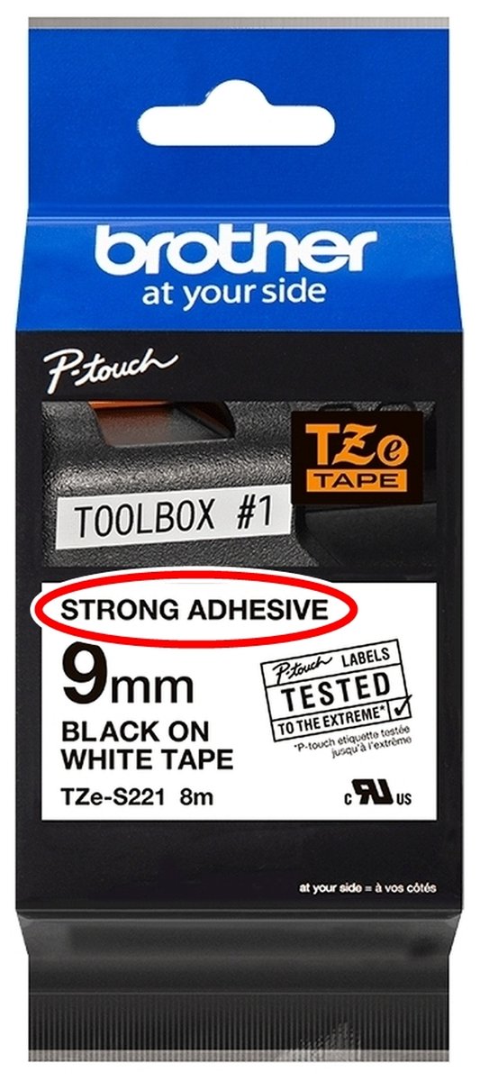 Brother Label Tape - 9mm - STRONG - Hoge kleefkracht - Zwart-op-Wit - Black on White - 8m - origineel - TZe-S221