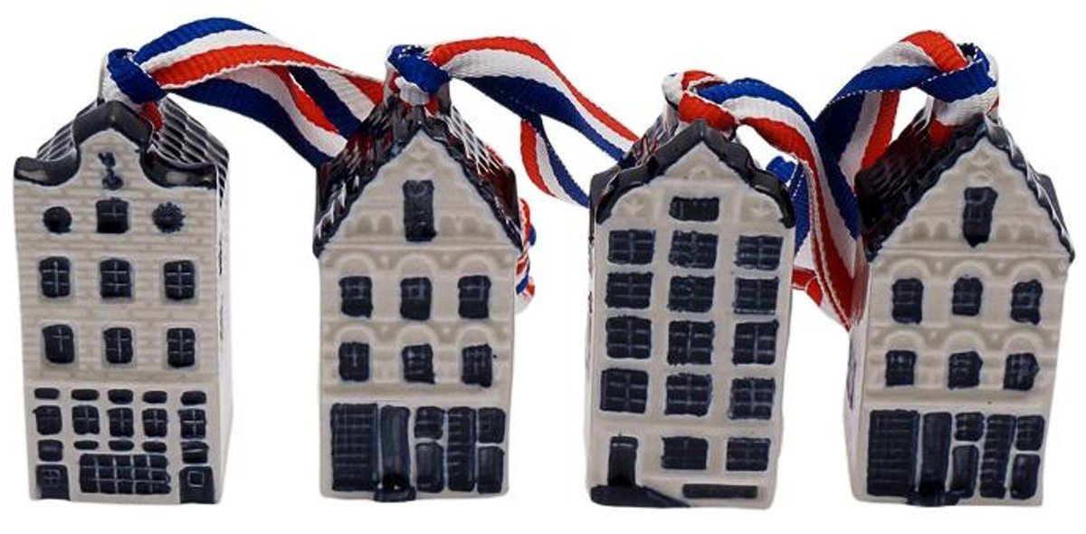 Kerstornament Mini huisjes - Delfts blauw - 5 cm - set van 4