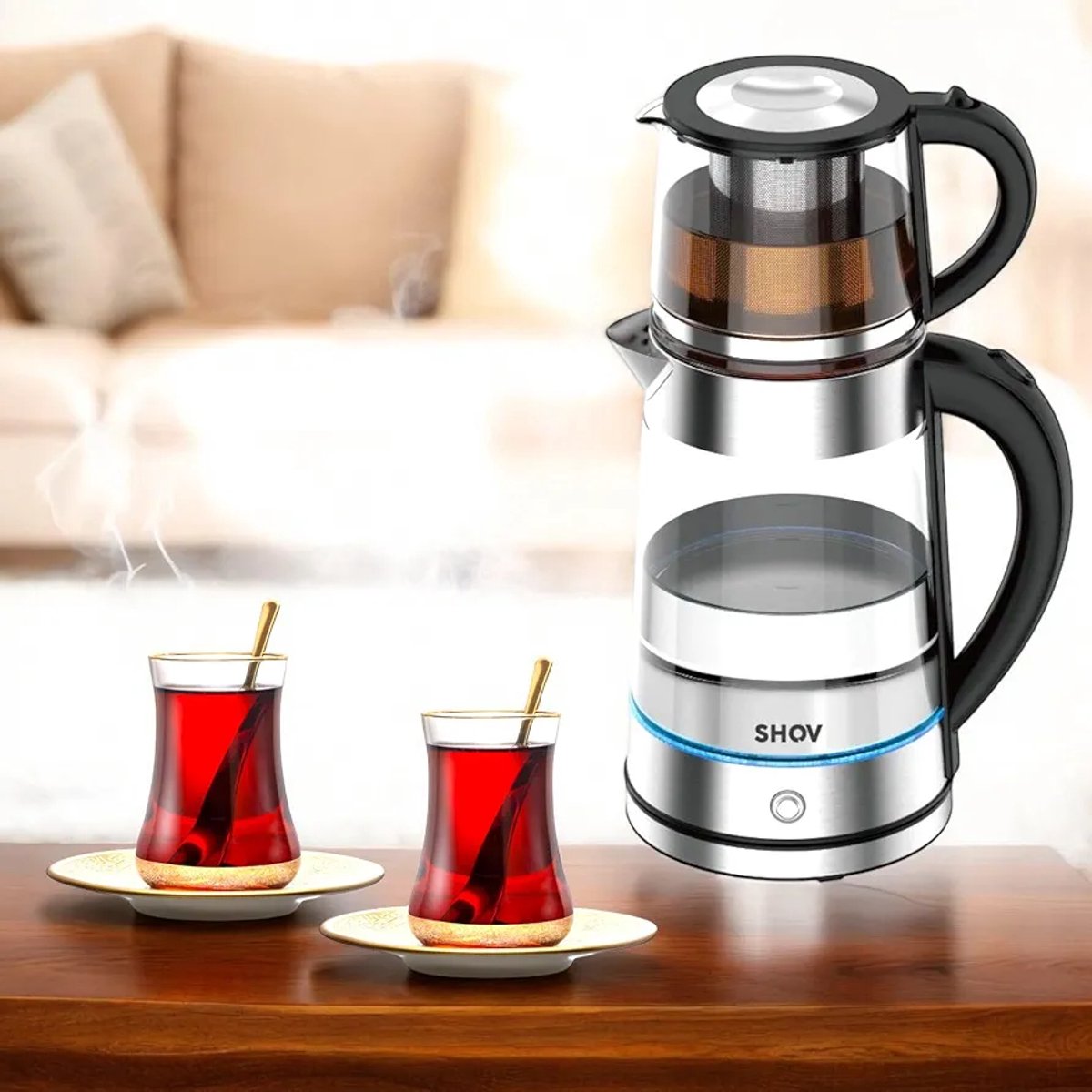 SHOV - Antalya - Elektrische Theepot & Waterkoker Set – 1,7L + 0,8L – Glas & RVS – 2200W – Automatische Uitschakeling – Draaibare Basis – Modern Design