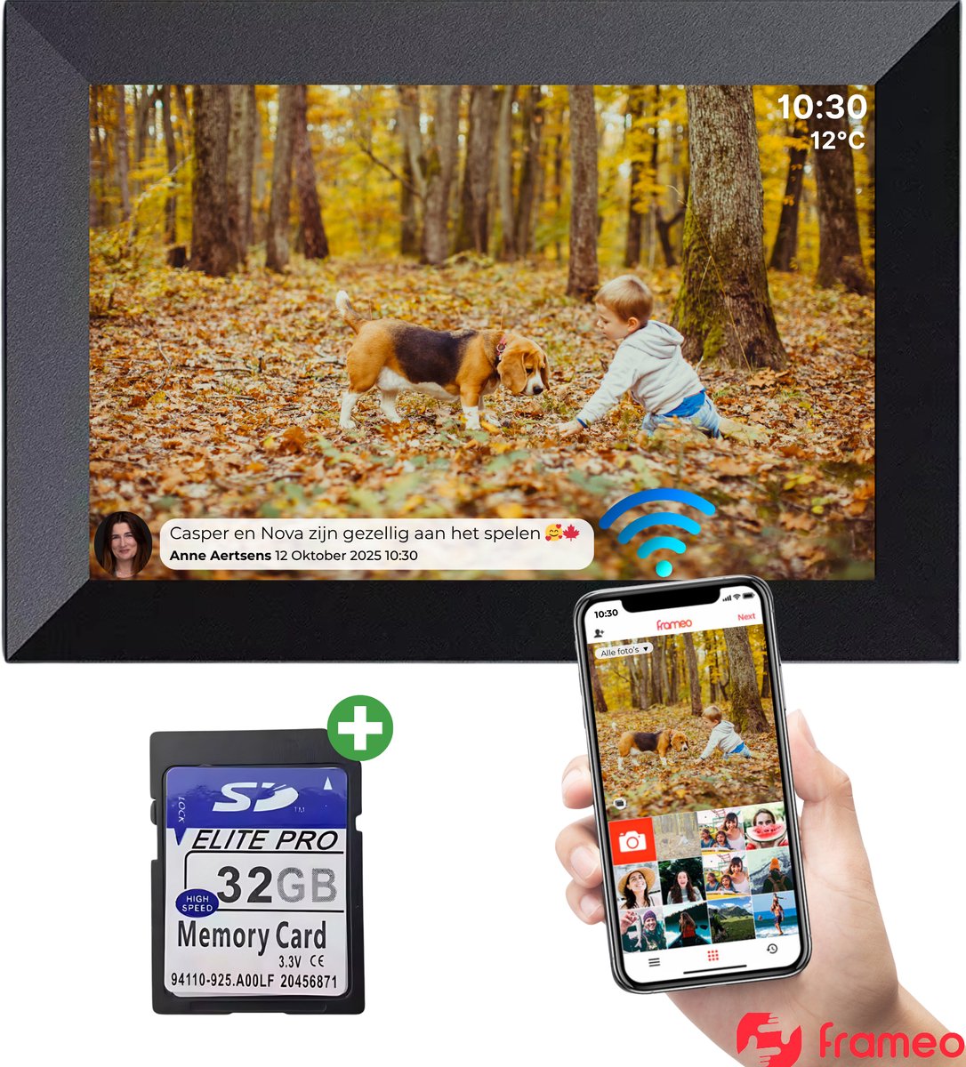 CASIVO Digitale fotolijst met WiFi en Frameo App – Fotokader 10.1 inch – HD IPS Display - Micro SD - Touchscreen - Zwart