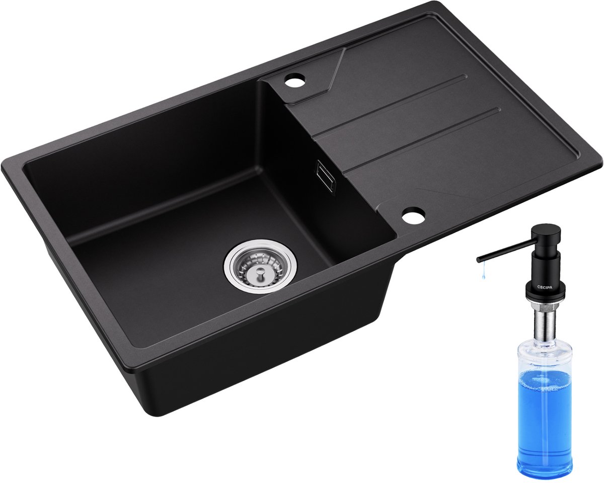 DERW MAX Granieten Spoelbak 78x45CM - Spoelbakken Keuken Met Zeepdispenser 300ML - Spoelbakken Met Planchet en Waterafvoersysteem - Opbouw Spoelbak - Antraciet
