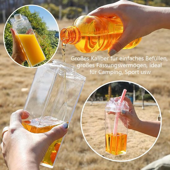 Pack of 2 transparante melkdozen - waterfles - herbruikbare melkcarton met bekertje en borstel - voor het opslaan van drankjes - picknicks - kamperen - melk - sinaasappelsap - bier in de koelkast - 1 liter — afbeelding 2