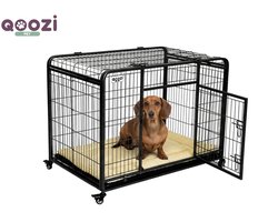 Qoozi Pet Hondenbench op Wielen – 79x48x61 cm – Met 1 Deur & Afneembaar Dakpaneel voor Gemakkelijke Toegang – Inclusief Hondenkussen – Verhoogde Bodem, Afgeronde Hoeken & wielen met rem – QZ1121543