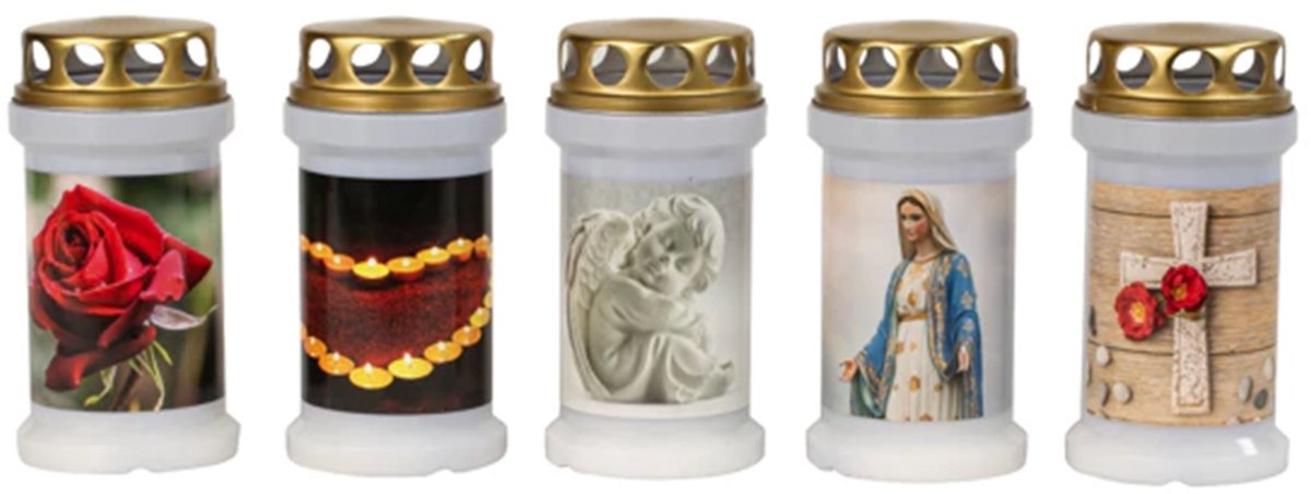 Grafkaars 5 motieven geassorteerd h=13cm, d=6cm, Set van 5 Geassorteerde Motieven