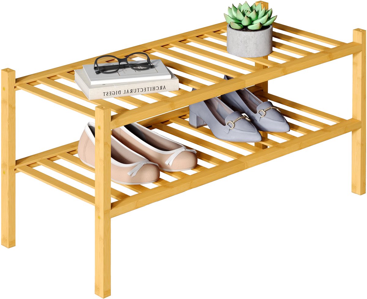 Smiry Schoenenrek - 2 Lagen - Bamboe Schoenenrek - Bamboe Schoenenkast -Voor 9 paar schoenen- 68x28x33cm - Bamboe - Houtkleur