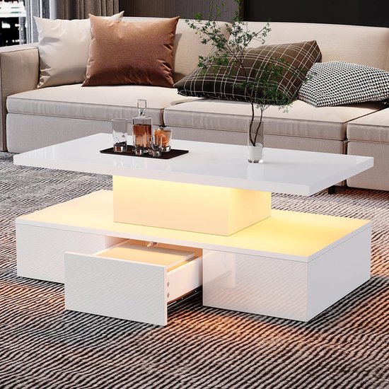 Zwarte hoogglans salontafel met LED-verlichting en 2 opbergladen - Voor