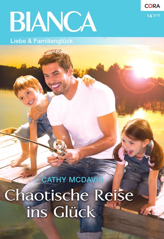 Een man met twee kinderen, een jongen en een meisje, vissen op een houten steiger. Titel: Bianca - Chaotische Reise ins Glück.