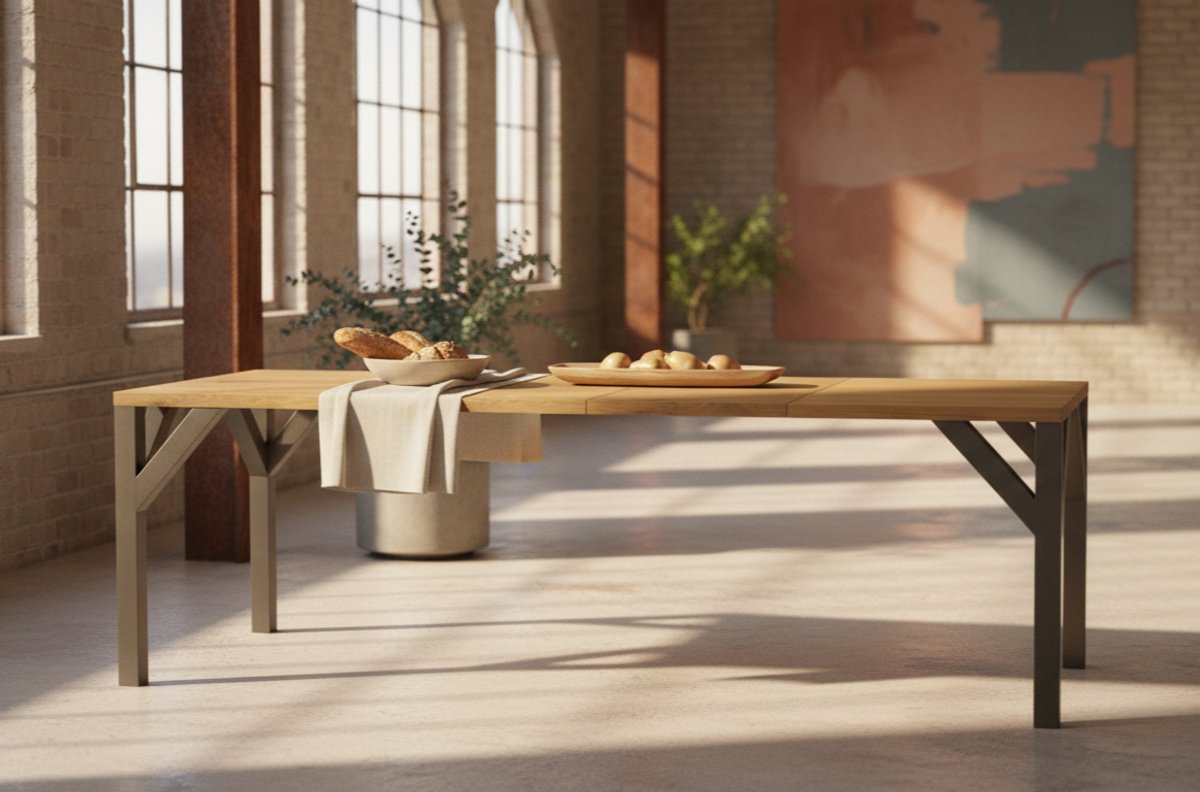 Luxe Uitschuifbare Eettafel – Massief Houten Tafel met Houtfineer – Industriële Eettafel voor 6 tot 10 Personen – Verlengbaar tot 240 cm – Natuur Eiken Blad & Zwart Frame – Moderne Rechthoekige Keukentafe ganeey