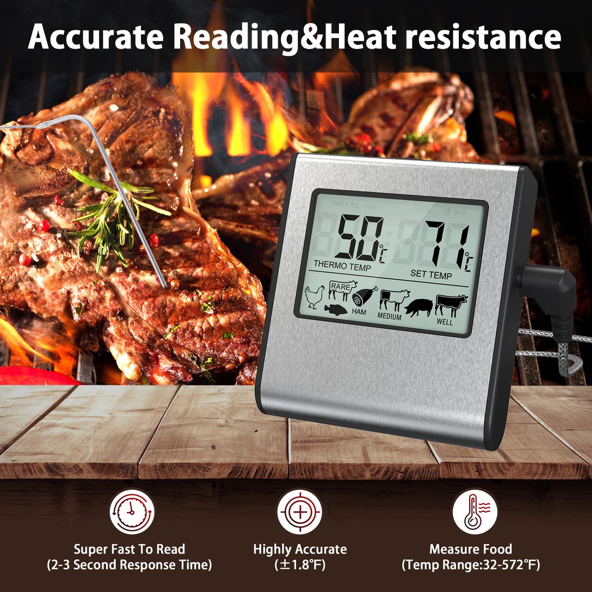 Digitale keukenthermometer met sonde en timer - groot lcd-scherm - temperatuursonde voor koken - BBQ levensmiddelen - vlees - oven - grill - nauwkeurige metingen — cadeau in Kookcadeaus - foto 2