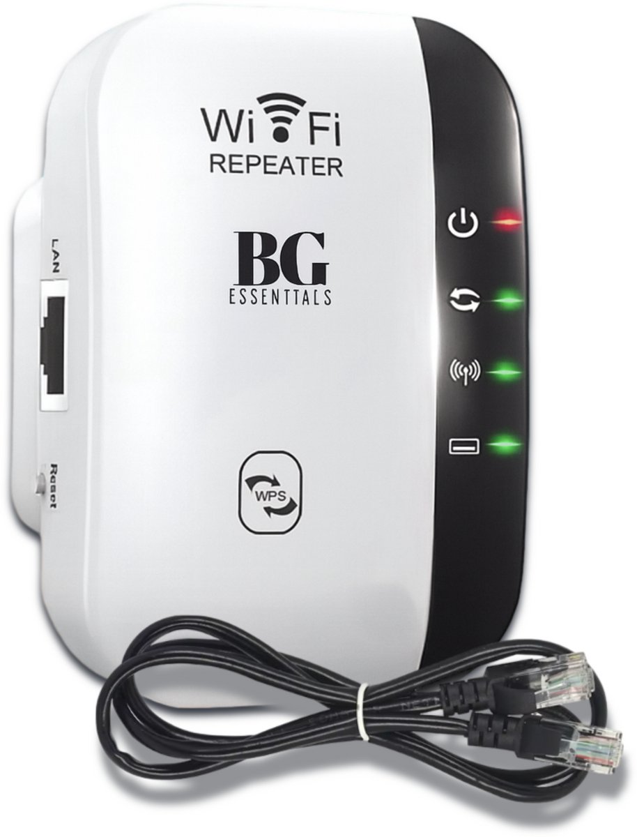 BG essentials ® WiFi Versterker Stopcontact Wit - Inclusief Internet Kabel - Handleiding - Repeater - 300Mbps - Draadloos - Extender - BG - €39,95