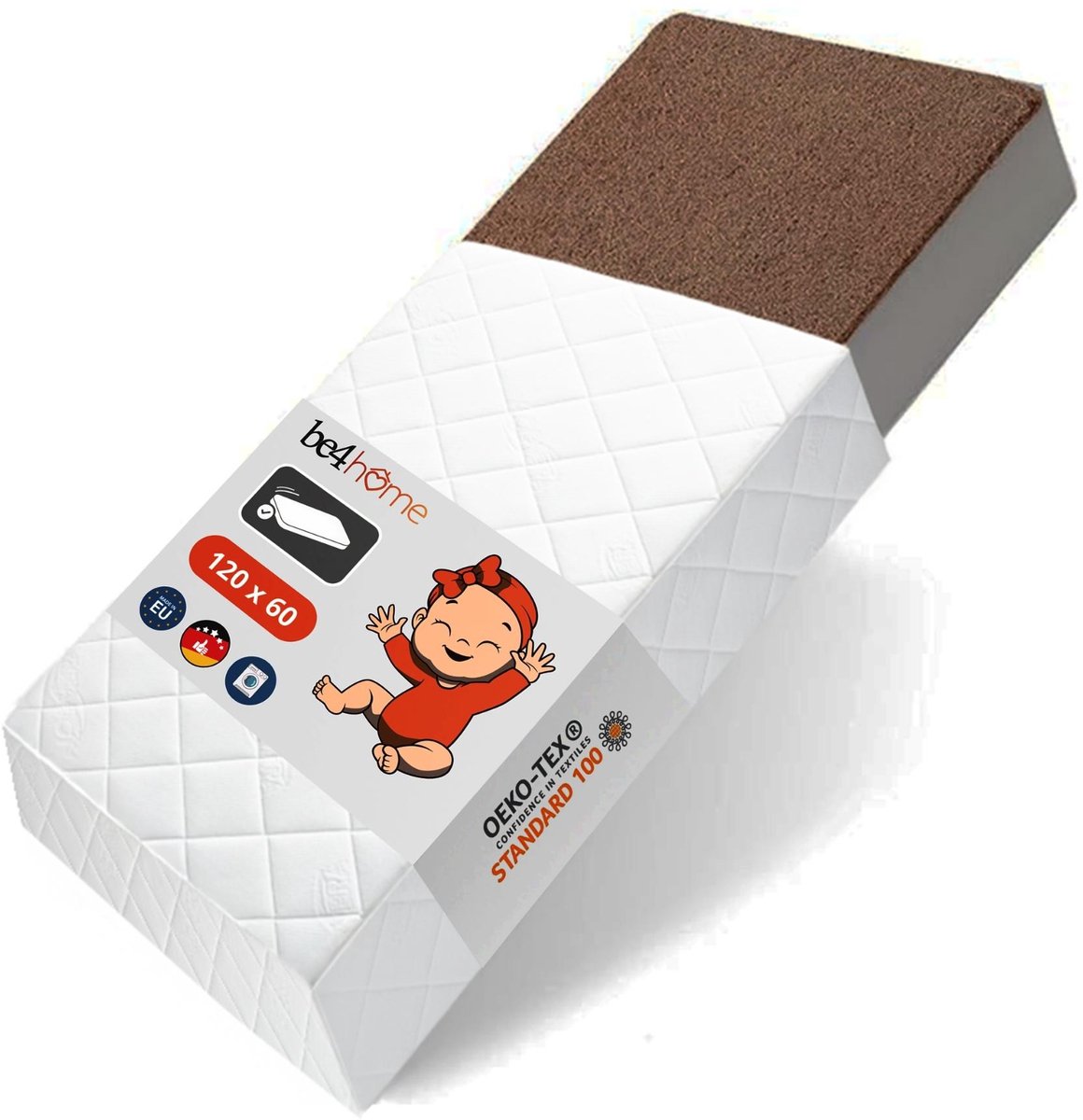 be4home Prima Babymatras 60x120 cm – kokos schuimmatras met Aloe Vera hoes, OEKO-Tex