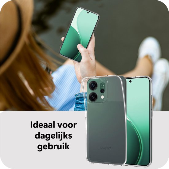 Une personne présente la coque Oppo Reno14 transparente, idéale pour un usage quotidien.