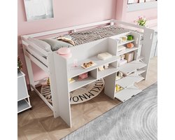 Pugsdrly Halfhoog bed, 90 x 200 cm, in de vorm van een huis, meerdere opbergvakken, entertainmentruimte onder het bed, zonder matras, wit