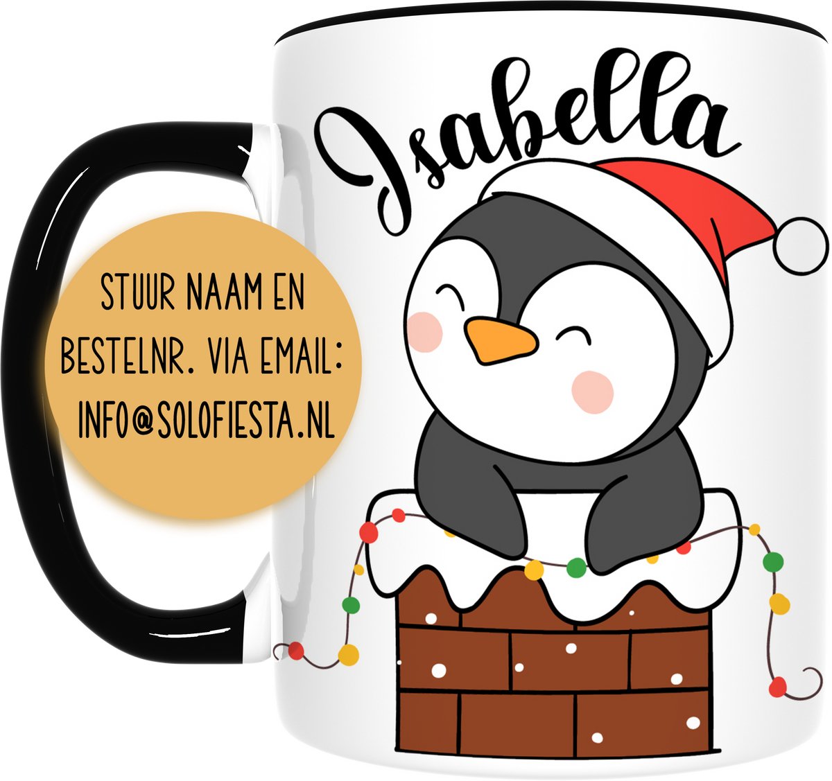 Solofiesta Kerst Pinguïn Serie - Mok - Met Naam - Pinguïn op Schoorsteen Design - Inclusief Cadeauverpakking