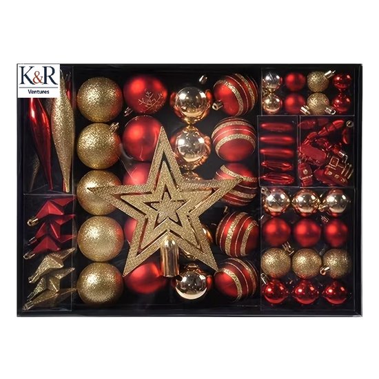 K&R Ventures® Luxe Kerstballen - 88 stuks - Klassieke Kerstboomdecoratie in Rood & Goud - Kerstversiering Set - Glanzende & Matte Ballen voor Feestelijke Sfeer