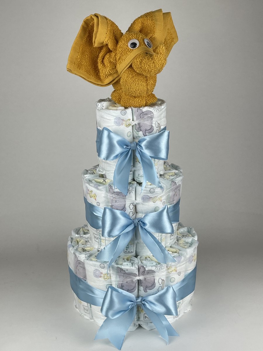 Chouette-Chouette | Luiertaart Jongen | Kraamcadeau | Geboorte Jongen | Babyshower | Olifant Oker - Blauw