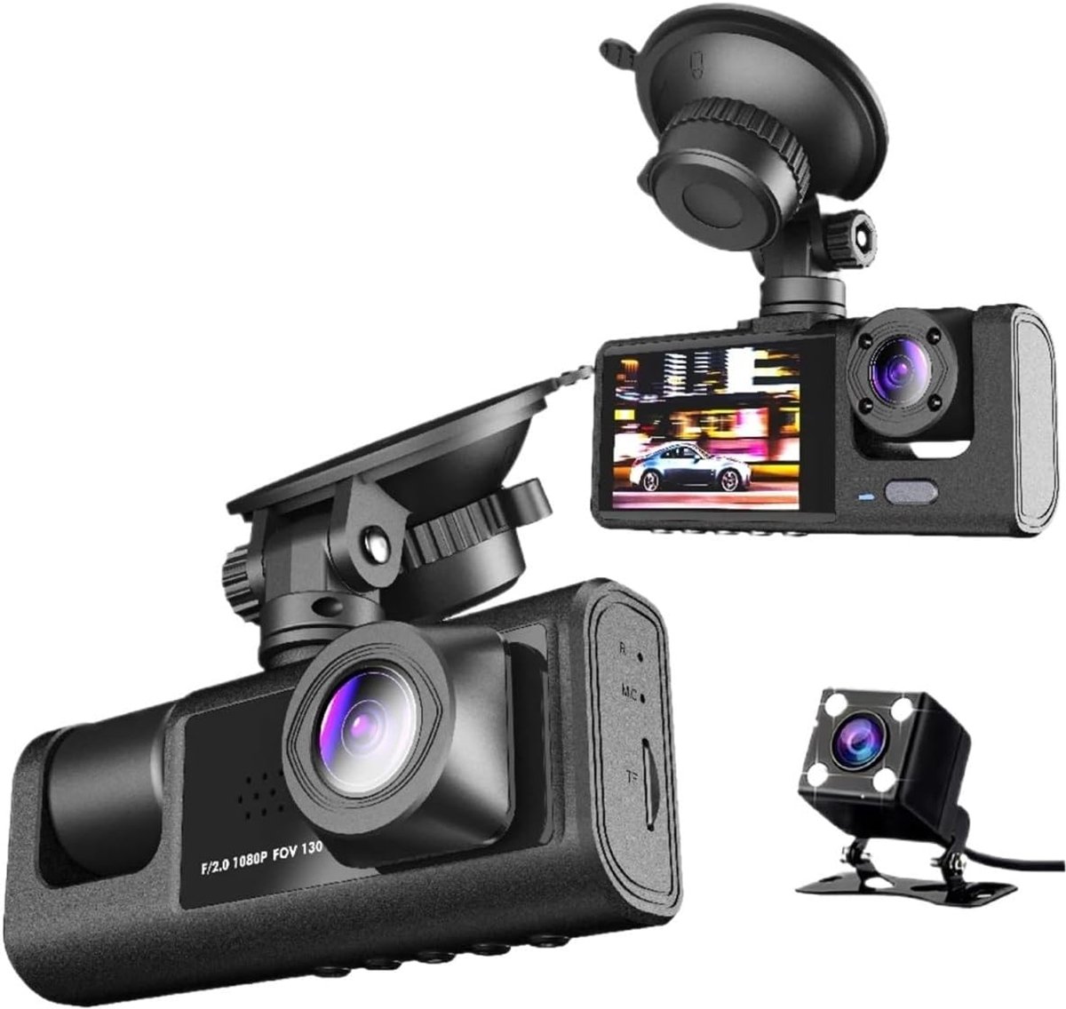 Dubbele dashcam voor in de auto, voor- en binnenkant, autobeveiligingsvideorecorder met audio, 1080P, voertuigcamera, plug-and-play, WDR, nachtzicht, automatische vergrendeling met G-sensor, 2 inch scherm（Met 32G geheugenkaart）