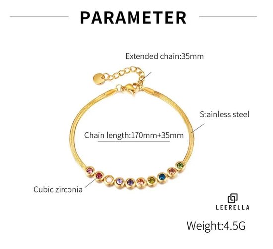 Goudkleurige armband met stenen en productinformatie zoals kettinglengte en materiaal.