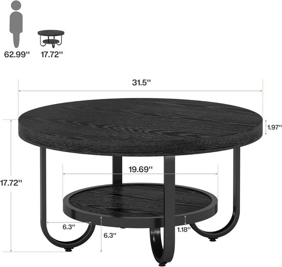Afmetingen van de zwarte ronde salontafel: hoogte 45 cm, diameter 80 cm.