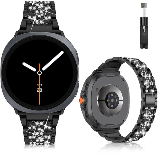 Luxe metalen horlogeband met strass steentjes voor Samsung Galaxy Watch 8 40/44mm en Classic 46mm zwart