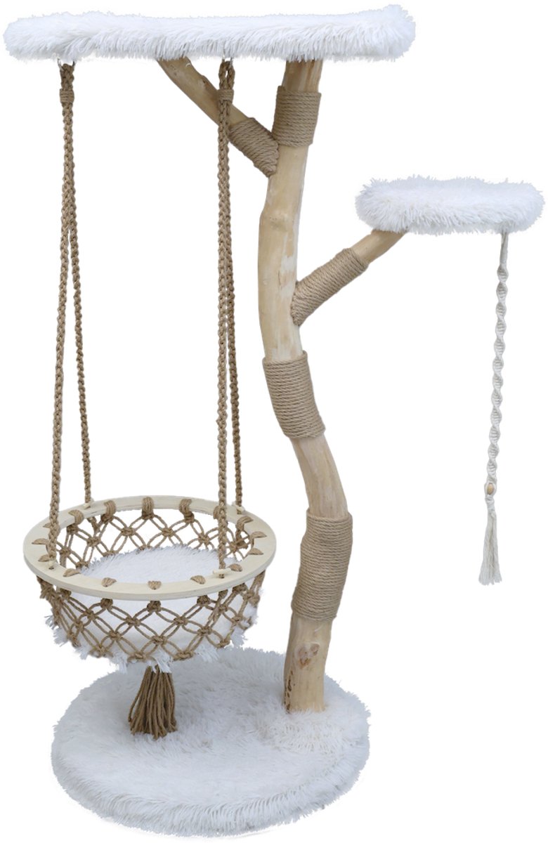 Animal Boulevard Alaska Cat Tree - Krabpaal met Schommel - Wit Plush - 63x63x151 cm
