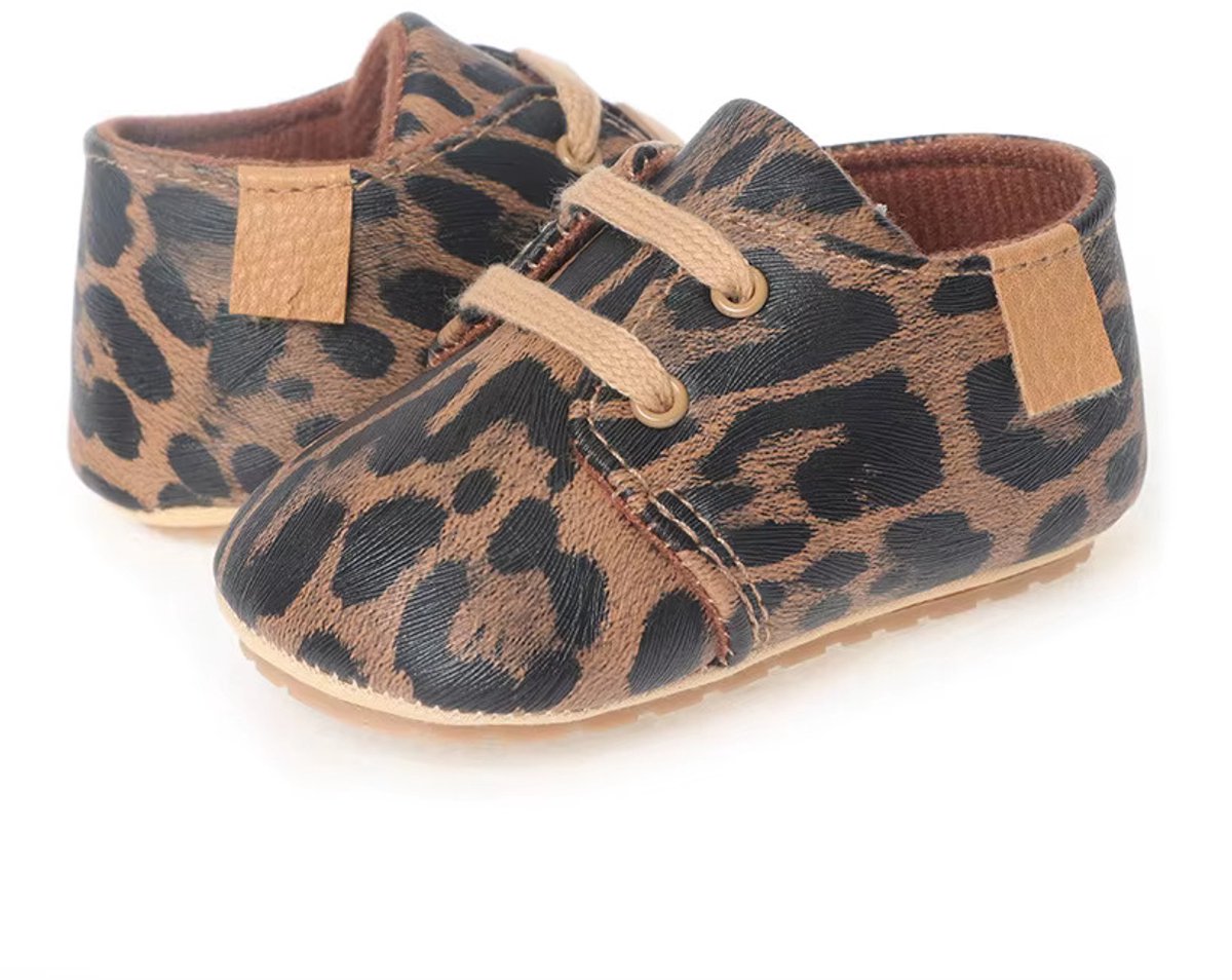 Babyschoentjes 4-9 maanden - baby schoenen maat 16/18 - 12 cm - antislip rubber zool - meisjes jongens schoentjes - Luipaard Print Bruin