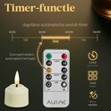 Witte led-kaars met vlam effect, naast een afstandsbediening. Tekst en diagram over de dagelijkse timerfunctie.