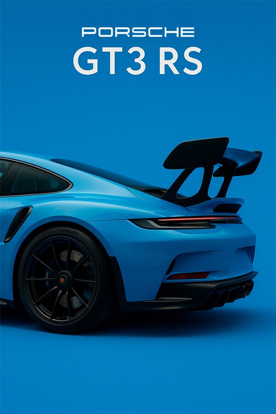 Porsche GT3 RS Poster Ingelijst– Blauwe Sportauto – A4 (21 x 30 cm) – Inclusief Zwarte Lijst – Auto Wanddecoratie
