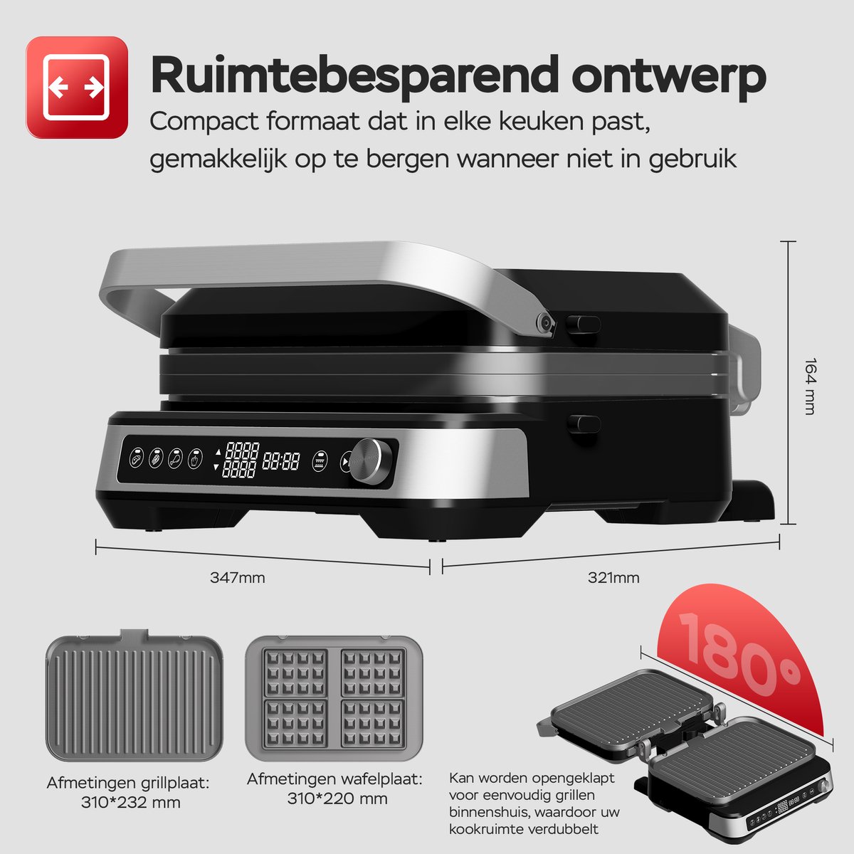 Turbotronic CG1W Contactgrill contactgrill met uitneembare platen - BPA Vrij - Panini Grill - 180º Uitklapbaar - Tosti apparaat Zwart - Wafelijzer thumbnail 5