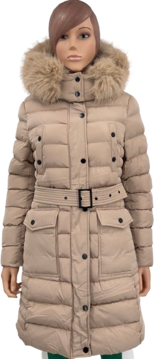Wulux® Winterjas Dames - Dames Jas - Gevoerde Binnenzijde - Lang Model met Capuchon - Parka Dames - Met Ritszakken - Beige - Maat L