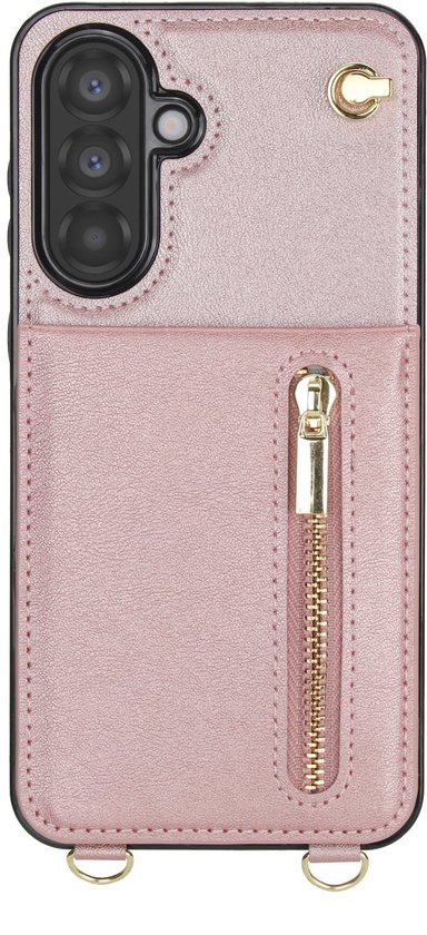 Image détaillée d'une coque de téléphone rose avec portefeuille, fermeture éclair et détails dorés.