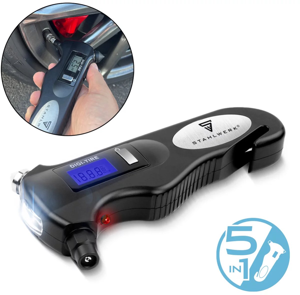 STAHLWERK 5-in-1 bandenspanningsmeter met LED-lampje | digitale luchtdrukmeter | gordelsnijder | noodhamer | werklamp | multifunctionele luchtdrukmeter voor auto's, fietsen, auto's