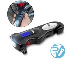 STAHLWERK 5-in-1 bandenspanningsmeter met LED-lampje | digitale luchtdrukmeter | gordelsnijder | noodhamer | werklamp | multifunctionele luchtdrukmeter voor auto's, fietsen, auto's