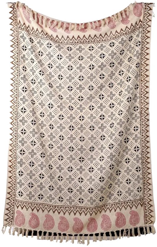 Urbane Hide | Traditionele Blockprint Bloemen Plaid | SierPlaids | 130x180 cm | met Franjes | 100% Katoen | Beige en Bruin