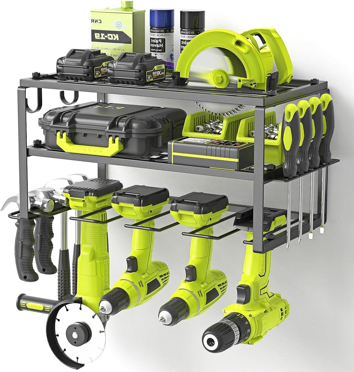 Allecto Plus - Opbergrek met 3 lagen voor gereedschap, wandmontage. Inclusief boorhouder en zijrek. Perfect voor garage en werkplaats. Gemakkelijke opslag.