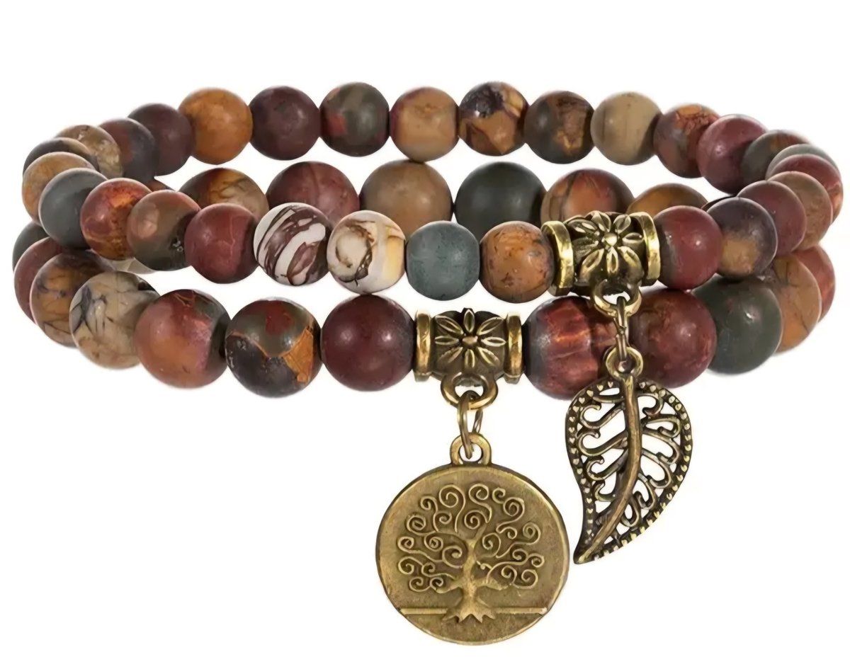 S4H Jaspis Armband – Dubbel met Levensboom & Blad Hanger