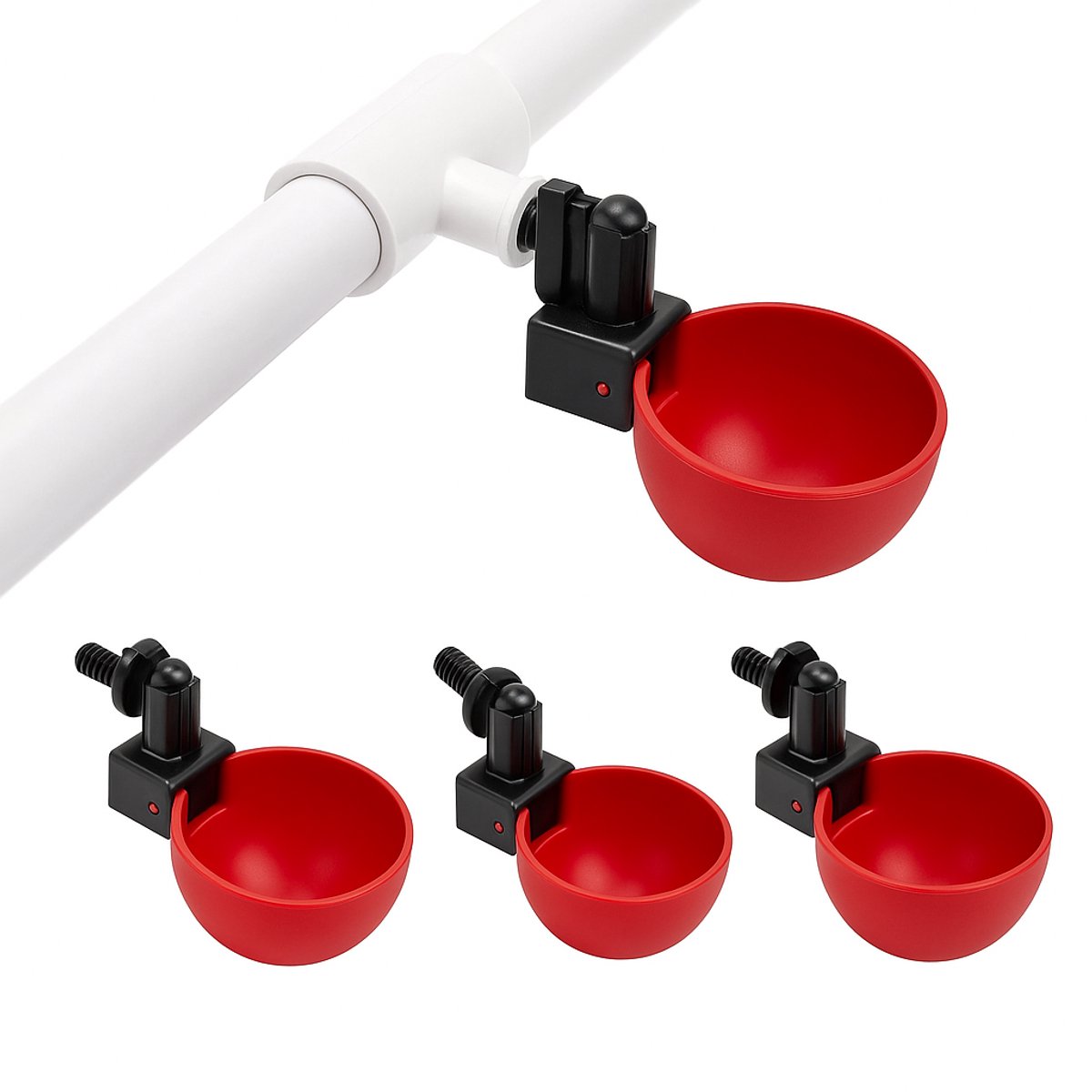 UniEgg® Professioneel Swingcups voor pluimvee | reptielen | knaagdieren incl. PVC koppeling – kippen – knaagdieren (worden per 3 verkocht) – innovatief – drinksysteem voor kippen – kuikens en knaagdieren – rood – automatische stop functie