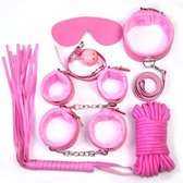 Bondage set van 10 stuks, zwart. Oogmasker, zweep, kraag, mondbal en meer. Alles om uw slaapkameractiviteiten leuker te maken. Roze