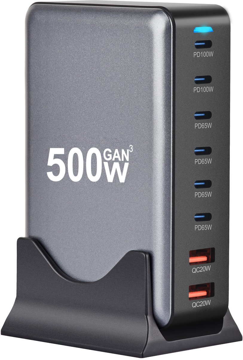 De Beste Gadgets 500w Oplader - GAN3 - Bureau Oplader - Desktop Oplader - Oplaadstation - USB-C Snellader - Power adapter - USB-C Oplader - Universele Oplader - Geschikt voor iPhone, iPad, Laptop en Tablet